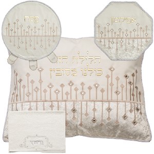 Picture of Pesach Set Faux Leather and Velvet 4 Piece Bottom Stripe Embroidered Shooting Lines Stones Accent Off White